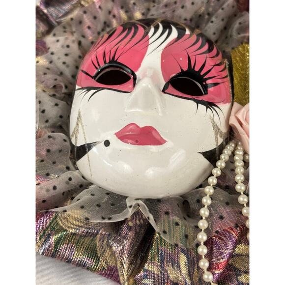 Vintage 1980s Mardi Gras Wall Mask 8" Pink Style Wall Hanging Decor Fabric - Picture 5 of 14